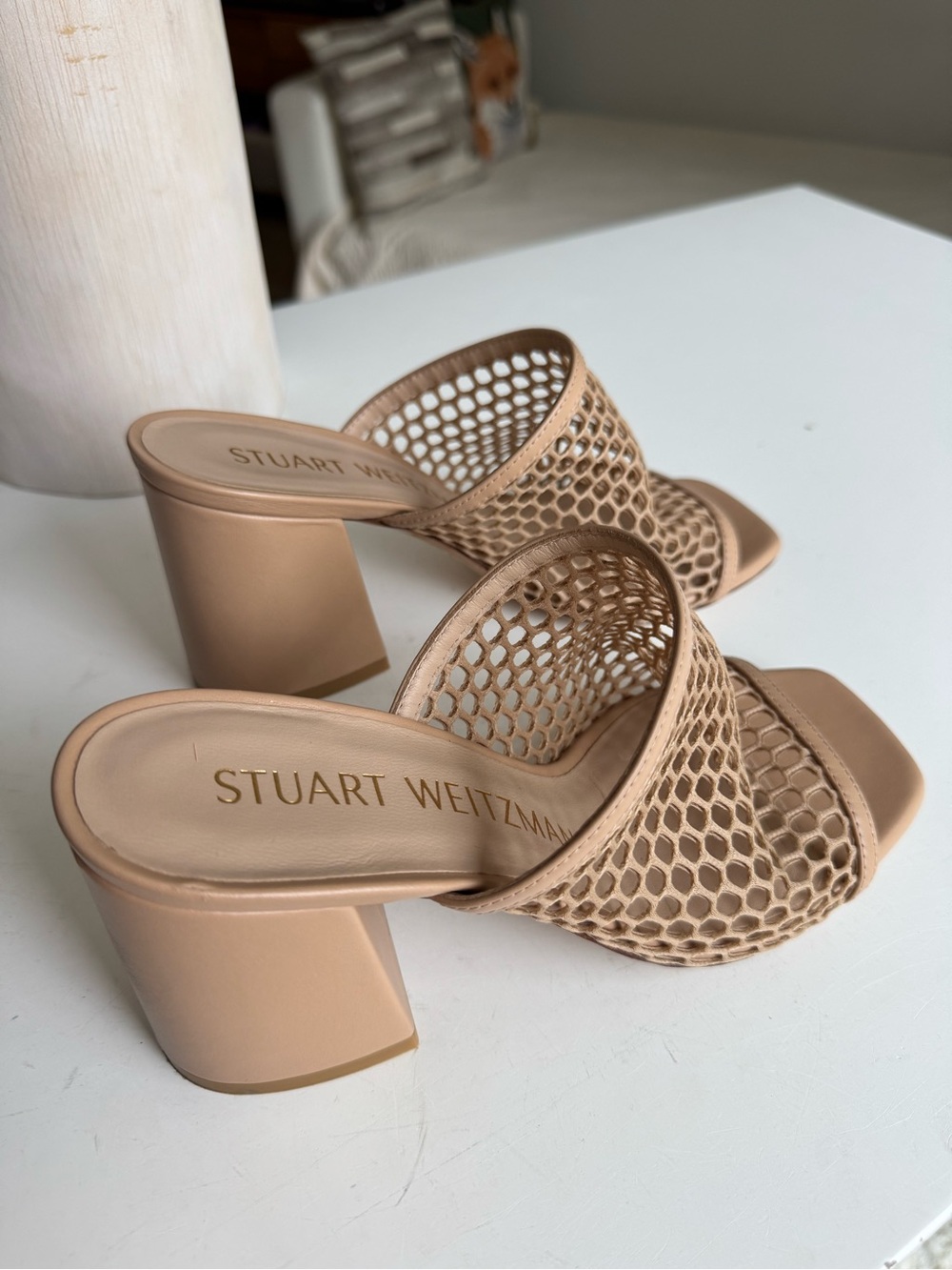 Stuart Weitzman Nude Mesh Block Heel Mules 6.5 B